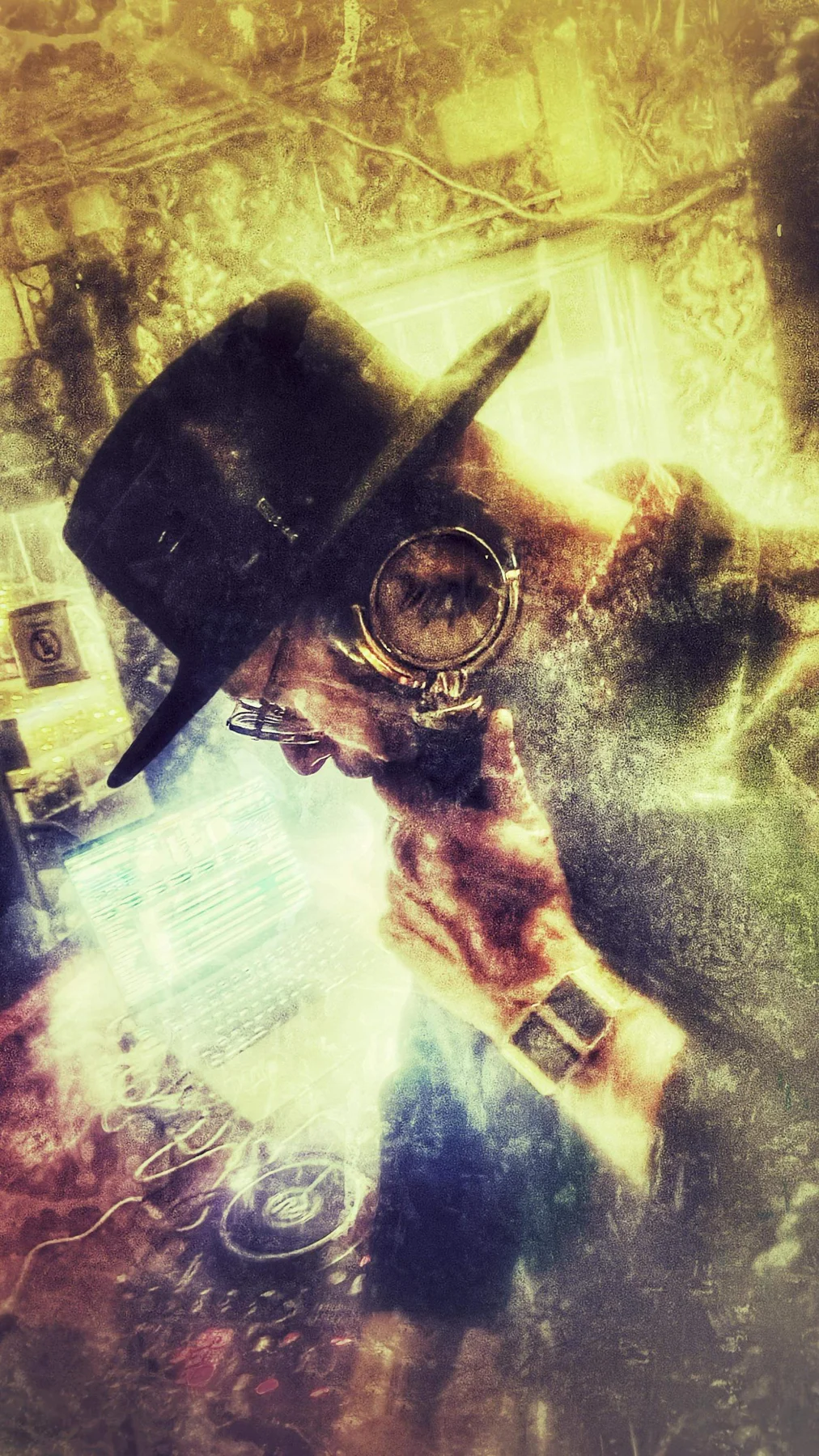 Golden-toned artistic portrait of DJ Ale in a hat and headphones